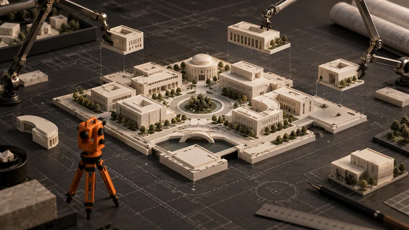 Architectural model of separate building modules being aligned on a shared foundation