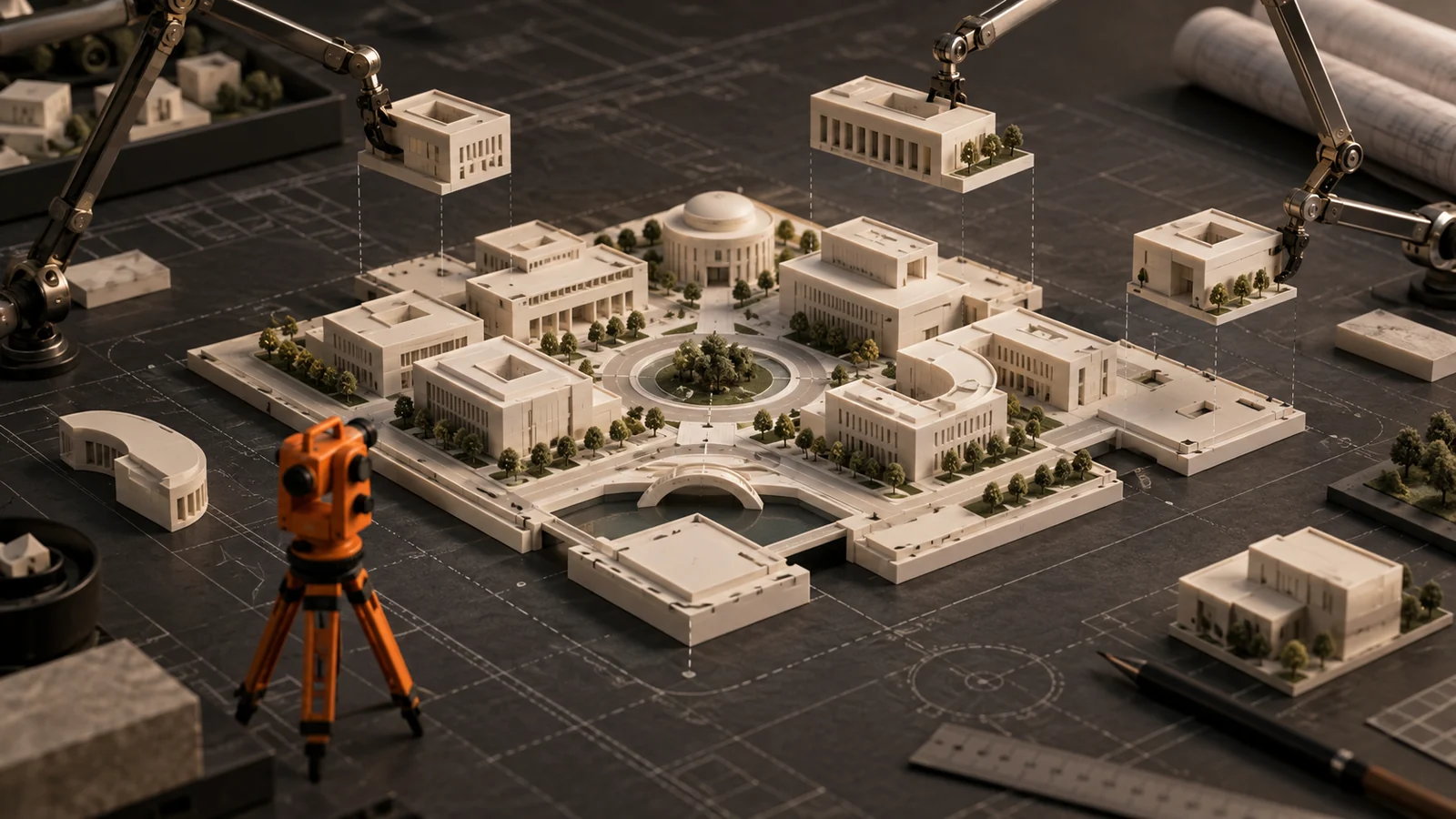 Architectural model of separate building modules being aligned on a shared foundation
