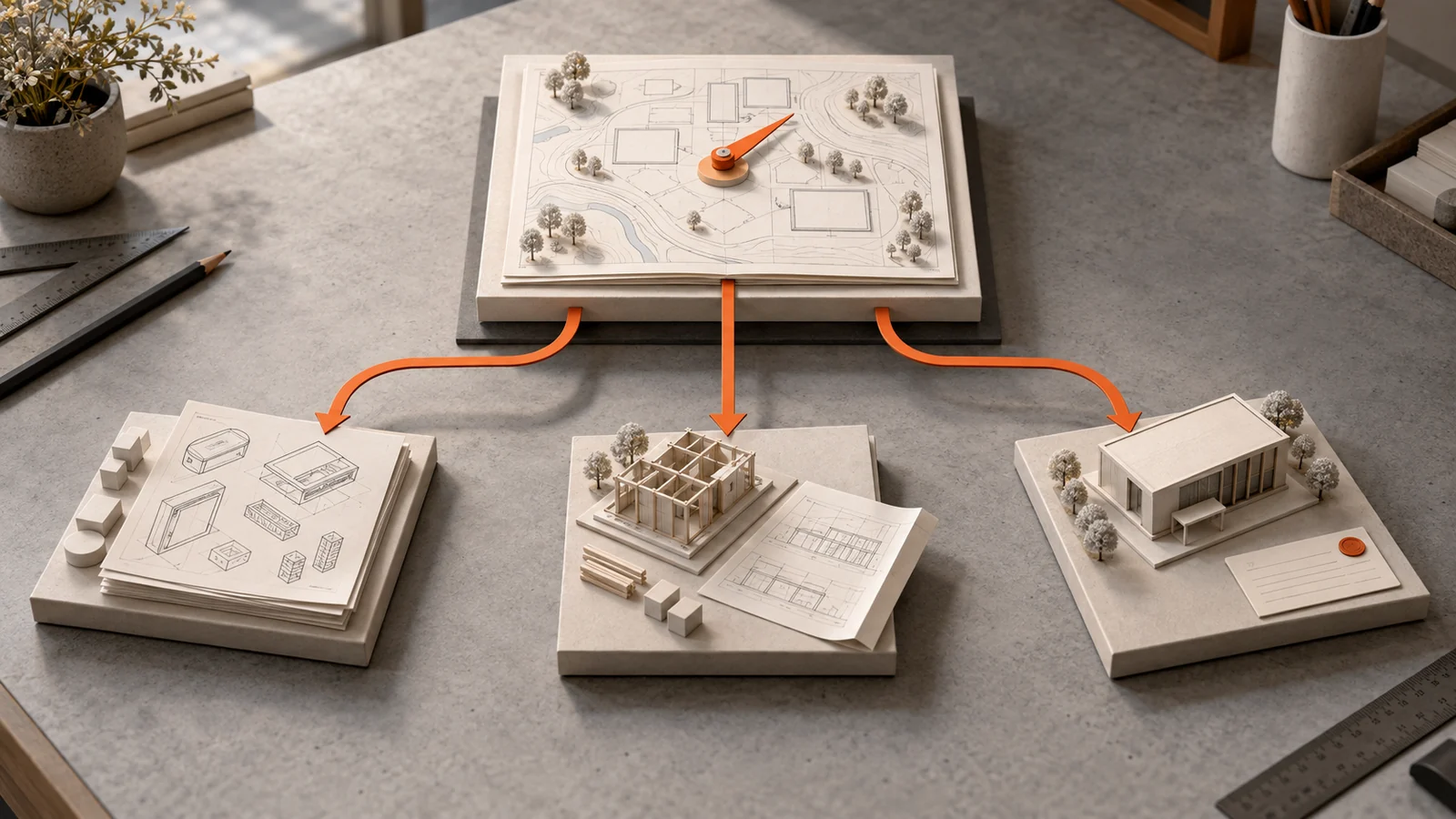 A central master plan connects to separate stations for design, construction, and a completed building with a verification record